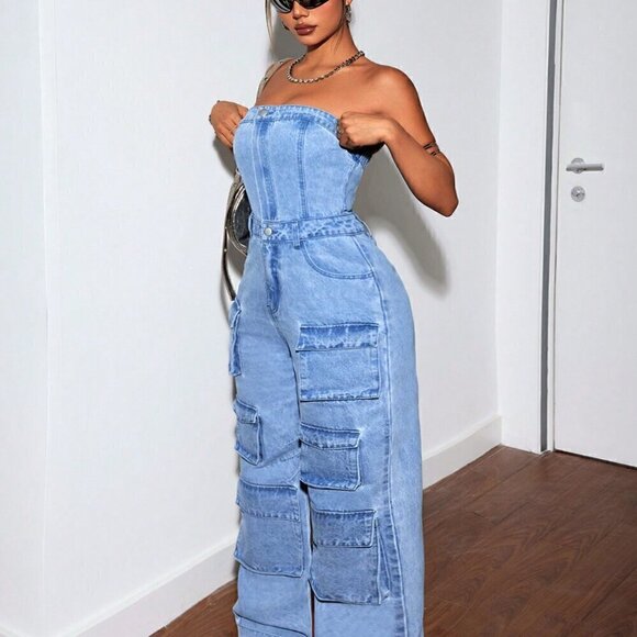 . Pants - Blue Casual Women's Denim Halterneck And Suspenders Jumpsuit